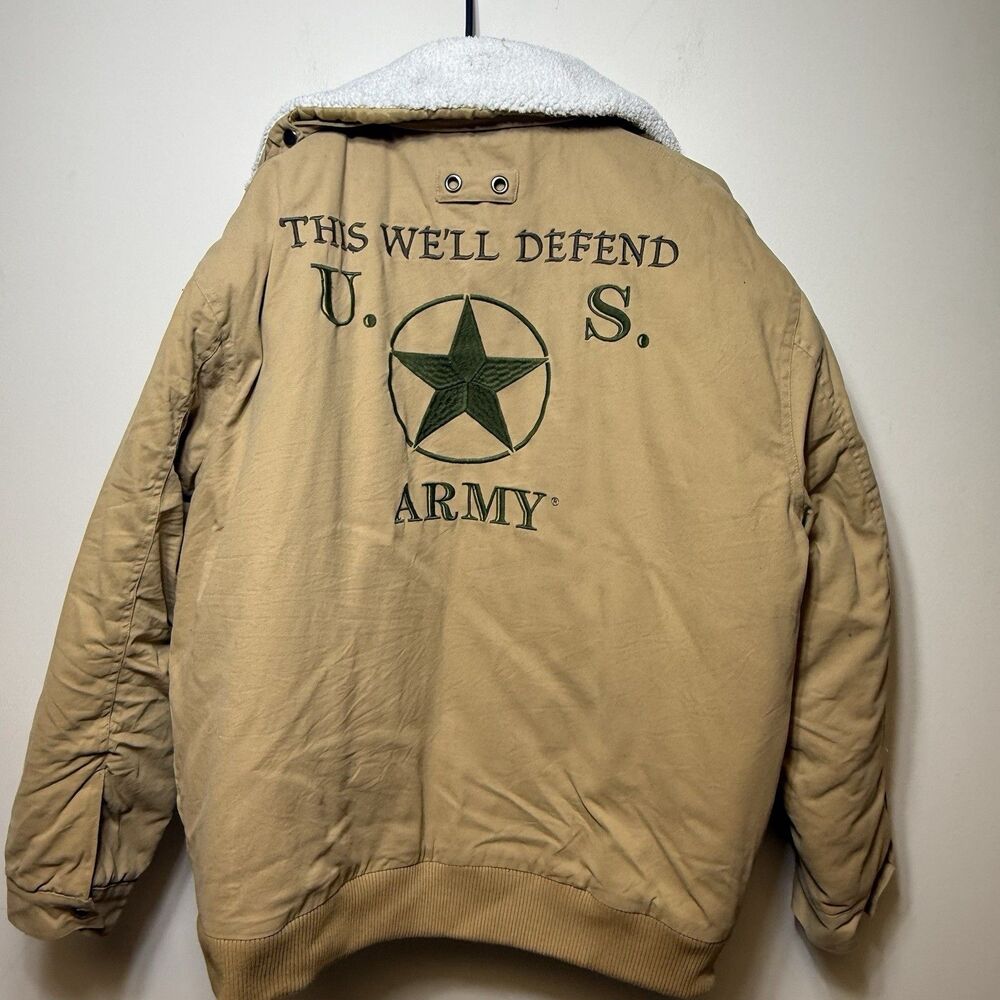 Bradford Exchange Mens Tan Bomber Jacket XL Zip Lined Embroidered Logo Army - Picture 6 of 11